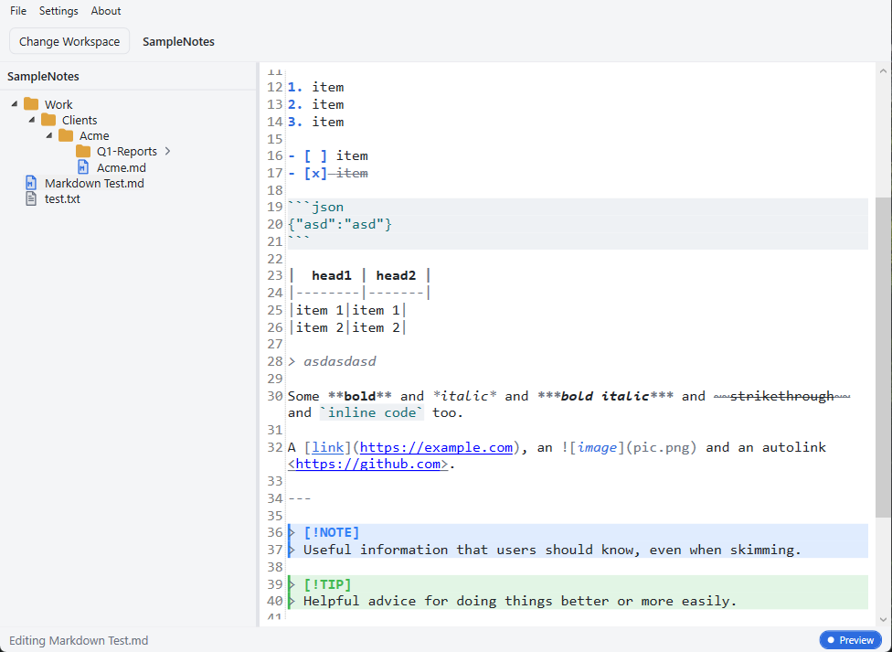 Notty editing a Markdown note with live preview and GitHub alert callouts